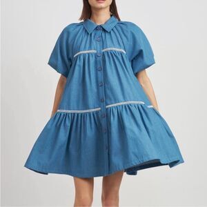 En Saison | XS | Anthropologie Tara tiered cotton trapeze dress blue white dress